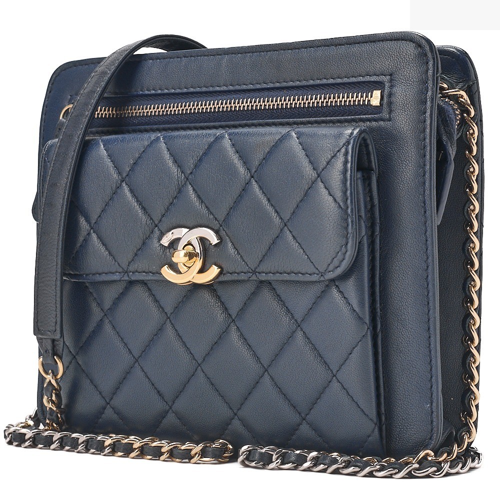 Lambskin Matelassé Turnlock Chain Shoulder Bag, Navy — view 3
