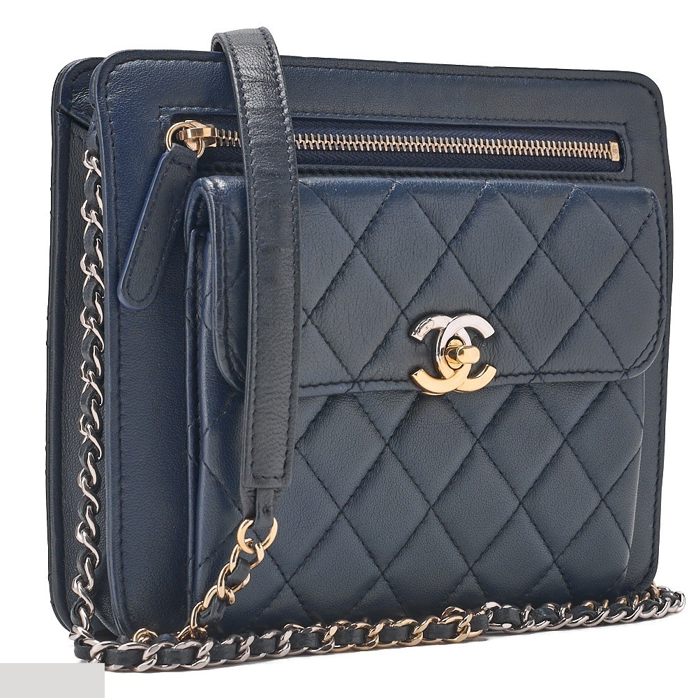 Lambskin Matelassé Turnlock Chain Shoulder Bag, Navy — view 4