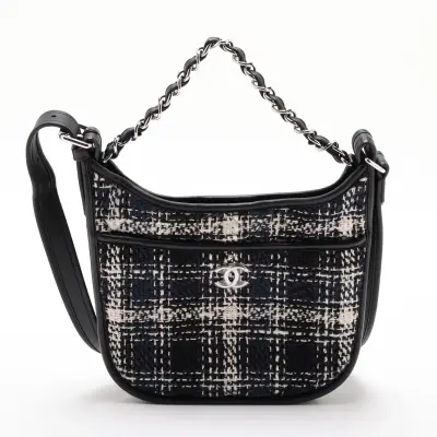 Coco Mark Tweed x Leather 2-Way Shoulder Bag, Matelassé, Black, Silver Hardware, 25698116 (Serial Number 25)