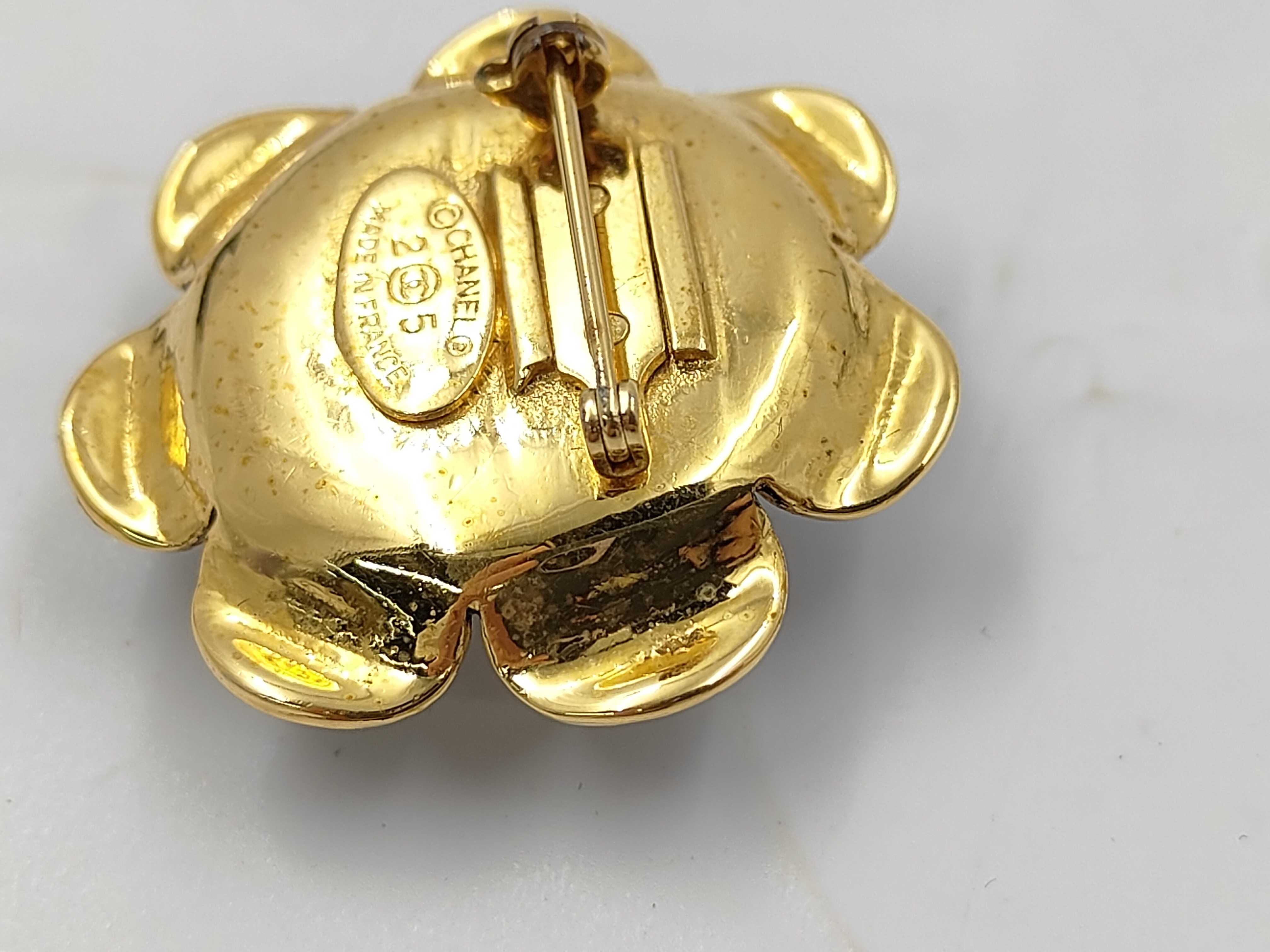 Coco Mark Flower Motif Faux Pearl Brooch, Size 25, Gold/Black — view 6