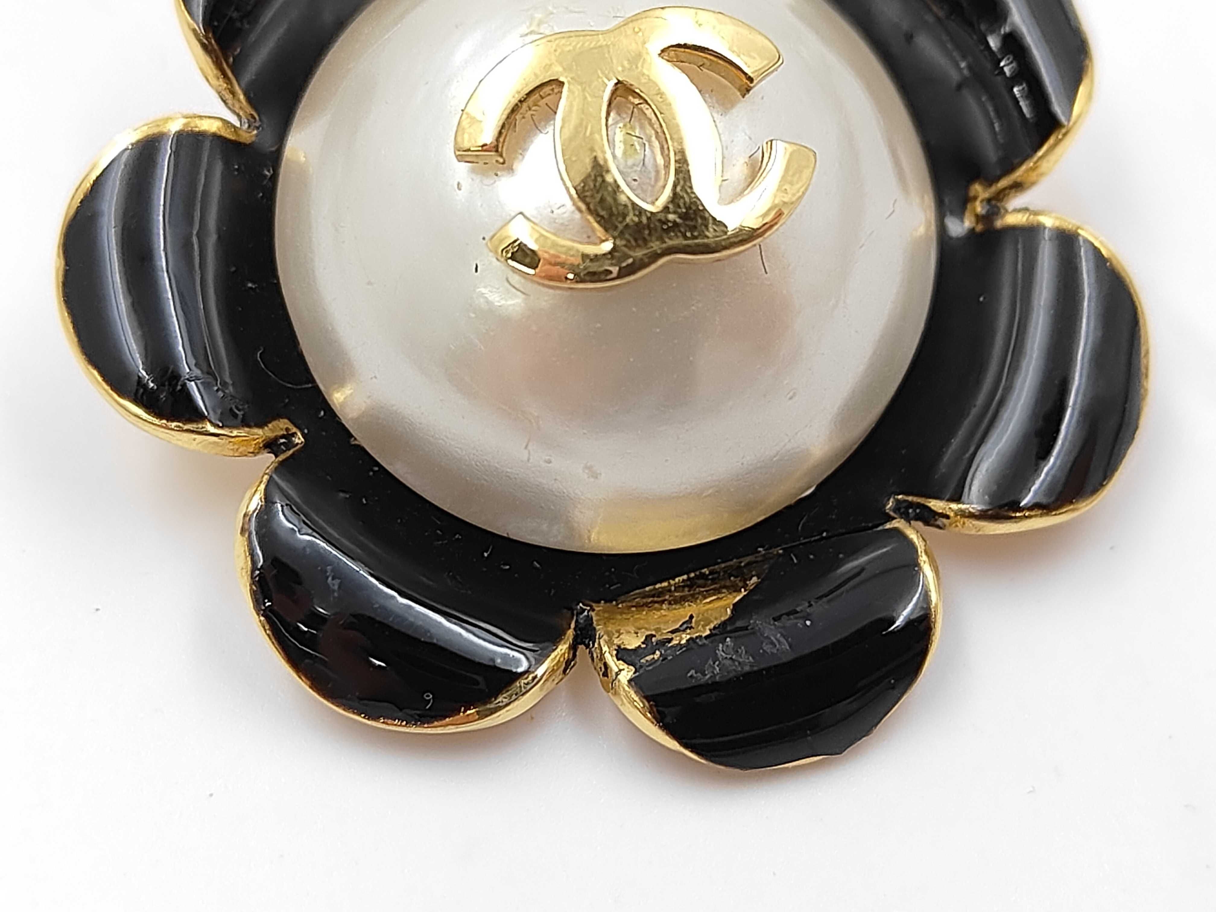 Coco Mark Flower Motif Faux Pearl Brooch, Size 25, Gold/Black — view 7
