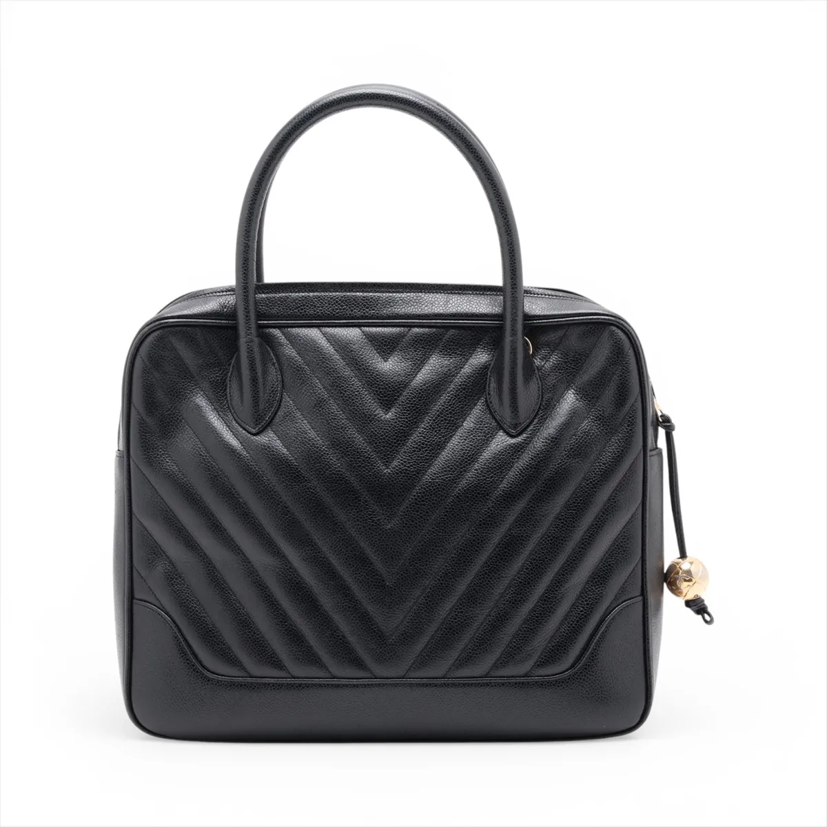 V-stitch caviar leather 2-way handbag, black with gold hardware. — view 2