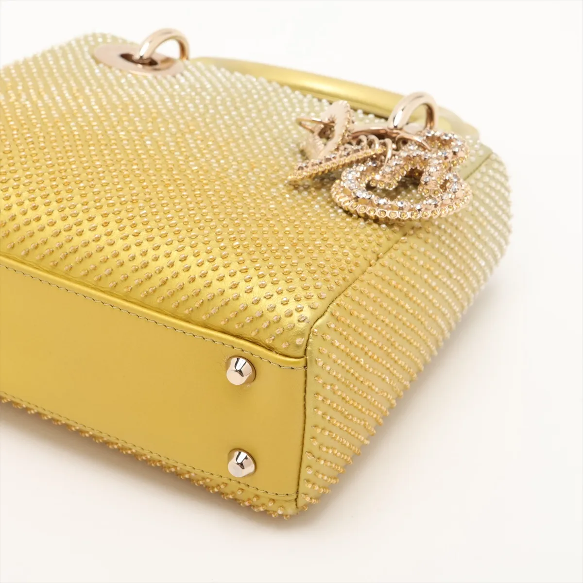 Lady Dior Mini Beaded Leather 2-Way Handbag, Yellow — view 3