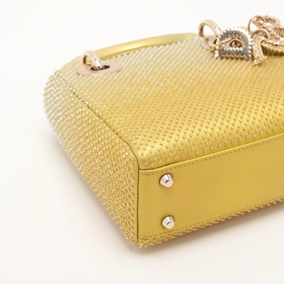 Lady Dior Mini Beaded Leather 2-Way Handbag, Yellow — view 4
