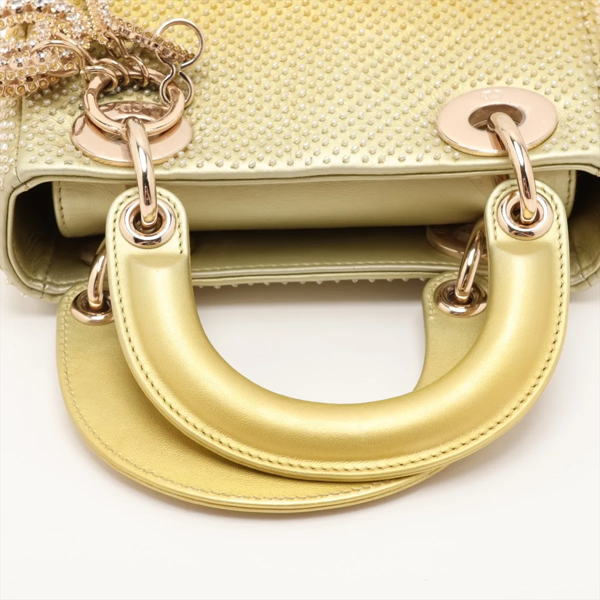 Lady Dior Mini Beaded Leather 2-Way Handbag, Yellow — view 5