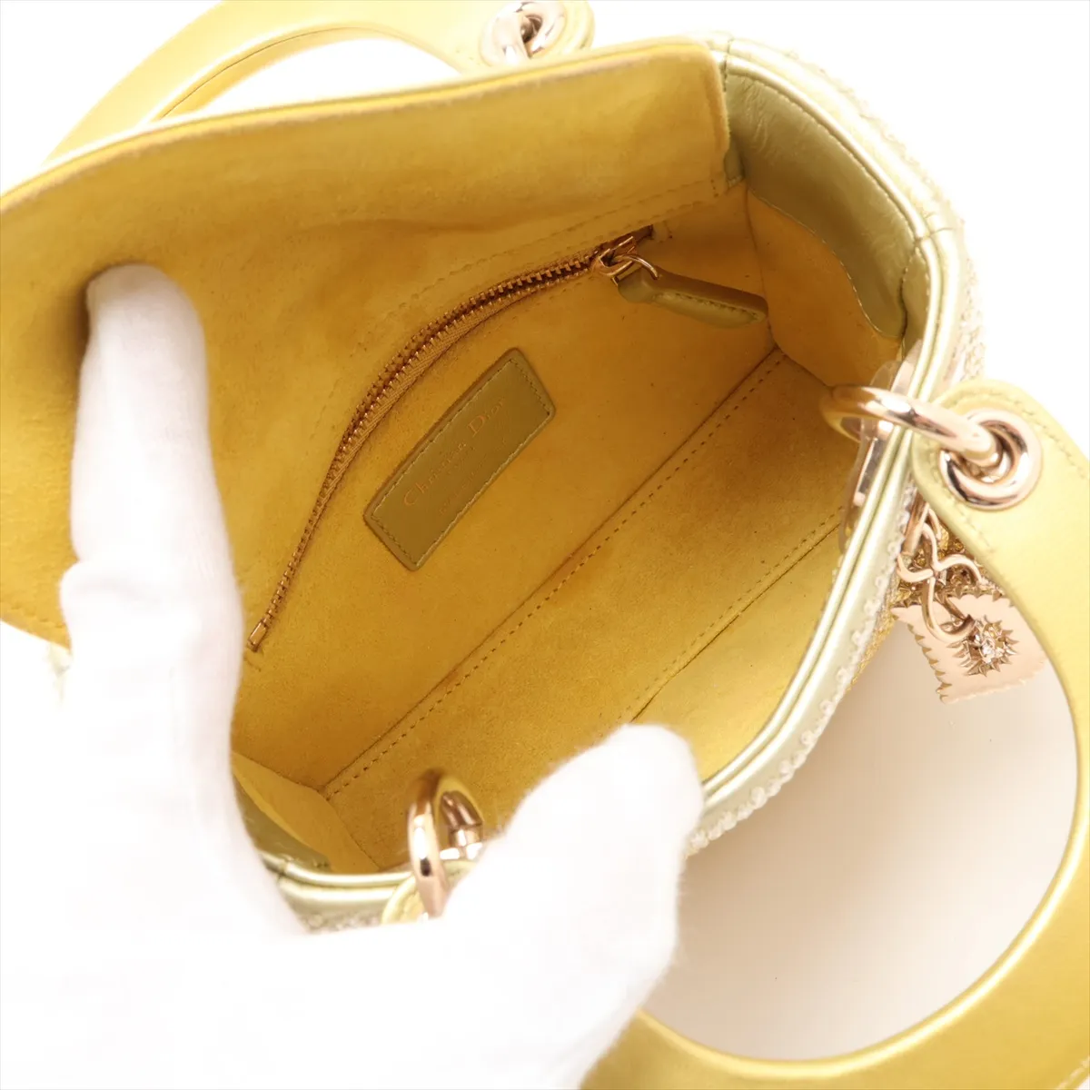 Lady Dior Mini Beaded Leather 2-Way Handbag, Yellow — view 8