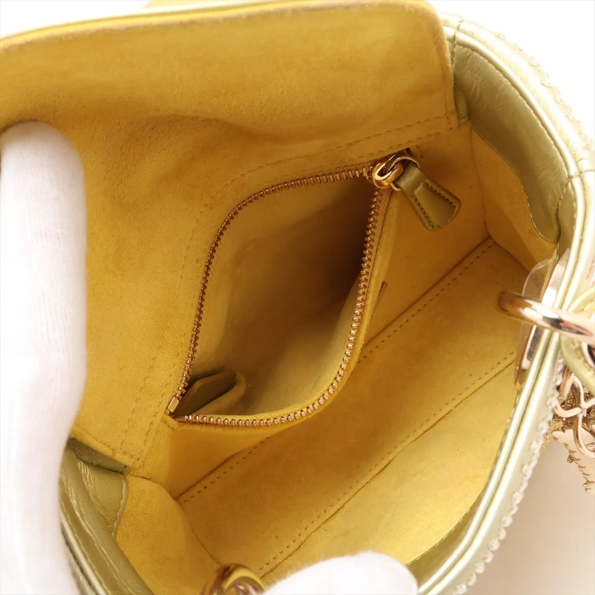 Lady Dior Mini Beaded Leather 2-Way Handbag, Yellow — view 9