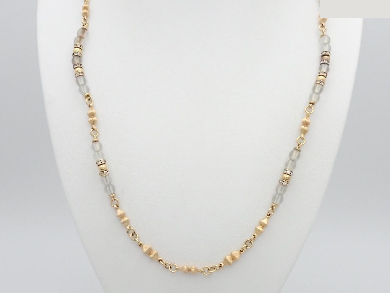 Beaded, rhinestone, gold long chain necklace