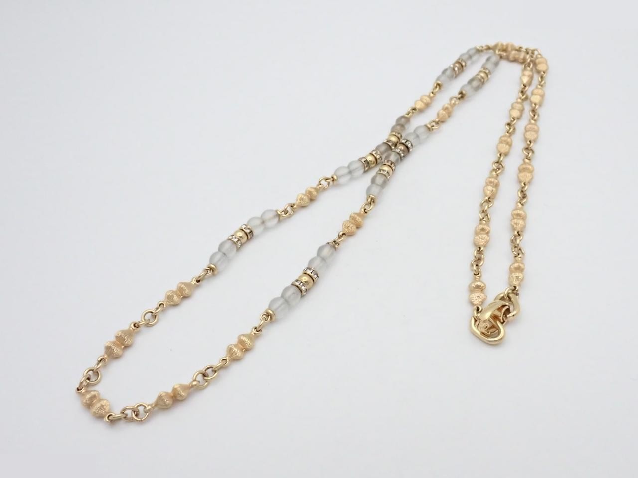 Beaded, rhinestone, gold long chain necklace — view 3