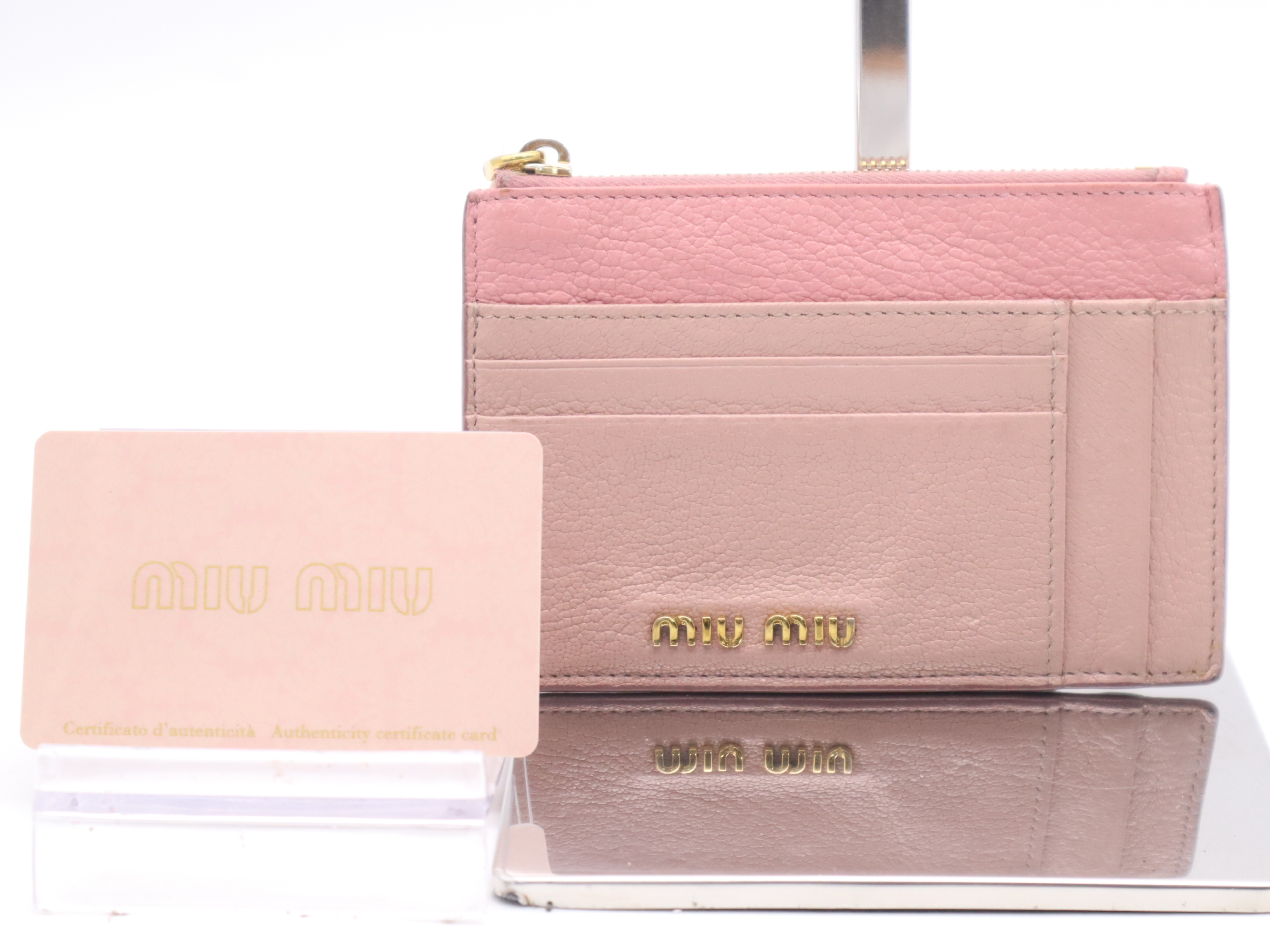 Leather Card Case, Pink, Gold Hardware, with Guarantee Card, Card Case