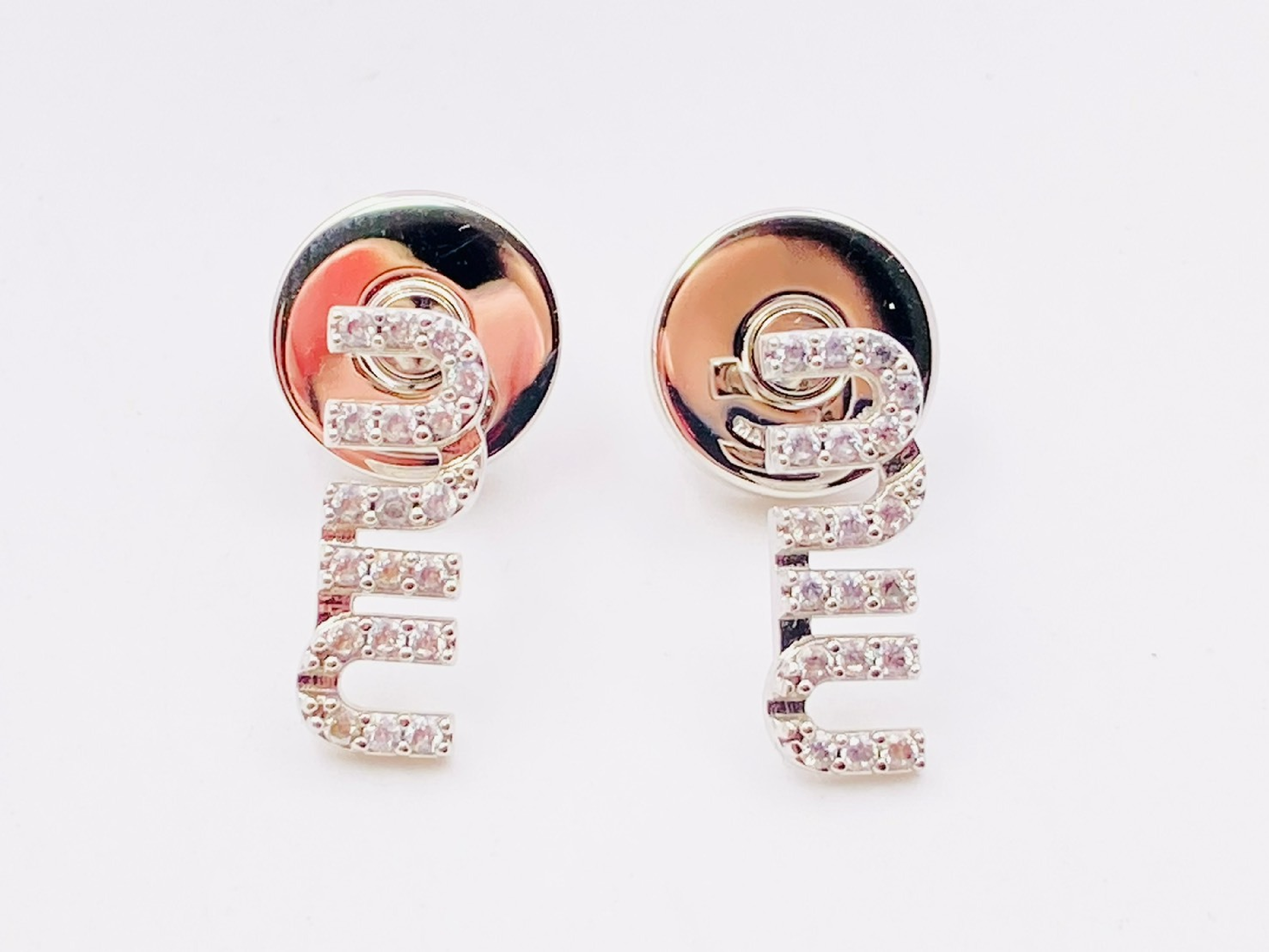 5IO059 Logo Rhinestone Crystal Metal Silver Earrings — view 3
