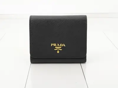 Logo Tri-fold Wallet, Saffiano Leather, Black