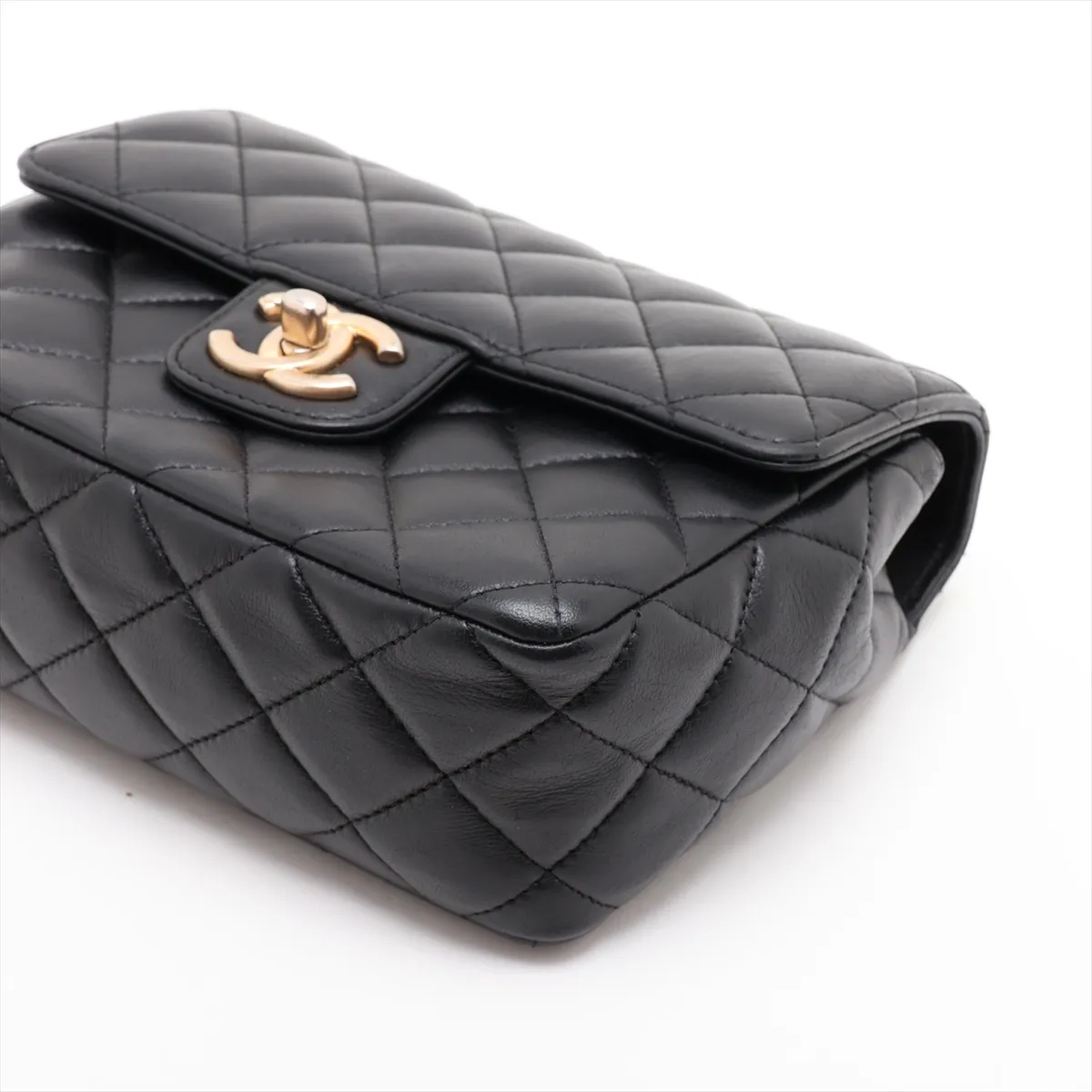 Mini Matelassé Lambskin Single Flap Single Chain Bag Charm, Black with Gold Hardware, KJX6LTP7, Random Plate — view 3