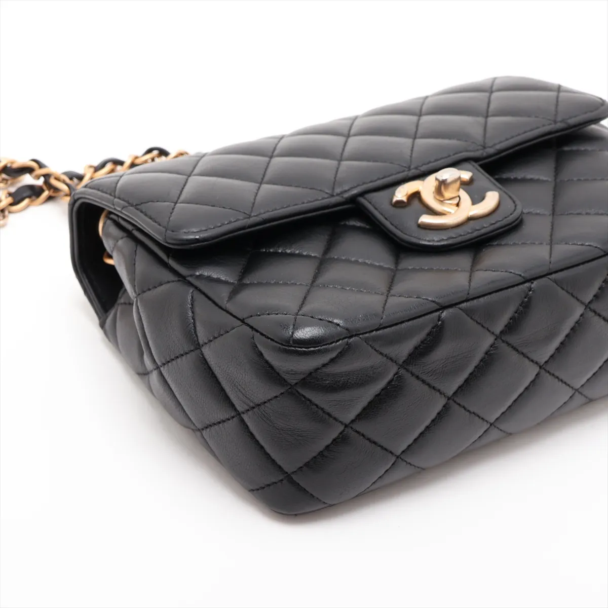 Mini Matelassé Lambskin Single Flap Single Chain Bag Charm, Black with Gold Hardware, KJX6LTP7, Random Plate — view 4