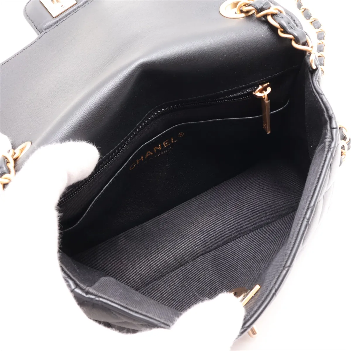 Mini Matelassé Lambskin Single Flap Single Chain Bag Charm, Black with Gold Hardware, KJX6LTP7, Random Plate — view 6
