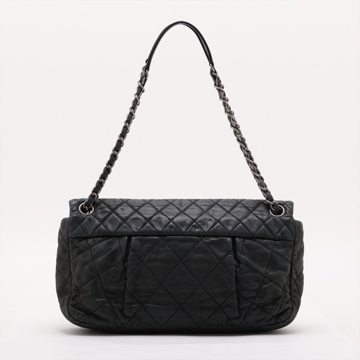 Matelassé Leather Single Flap Double Chain Bag, Black — view 2