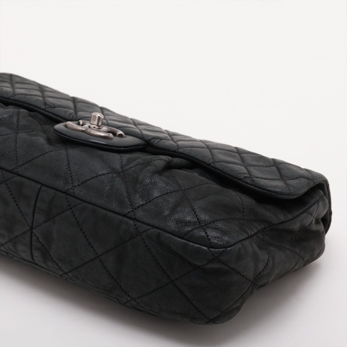 Matelassé Leather Single Flap Double Chain Bag, Black — view 3