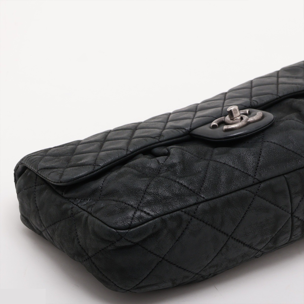 Matelassé Leather Single Flap Double Chain Bag, Black — view 4