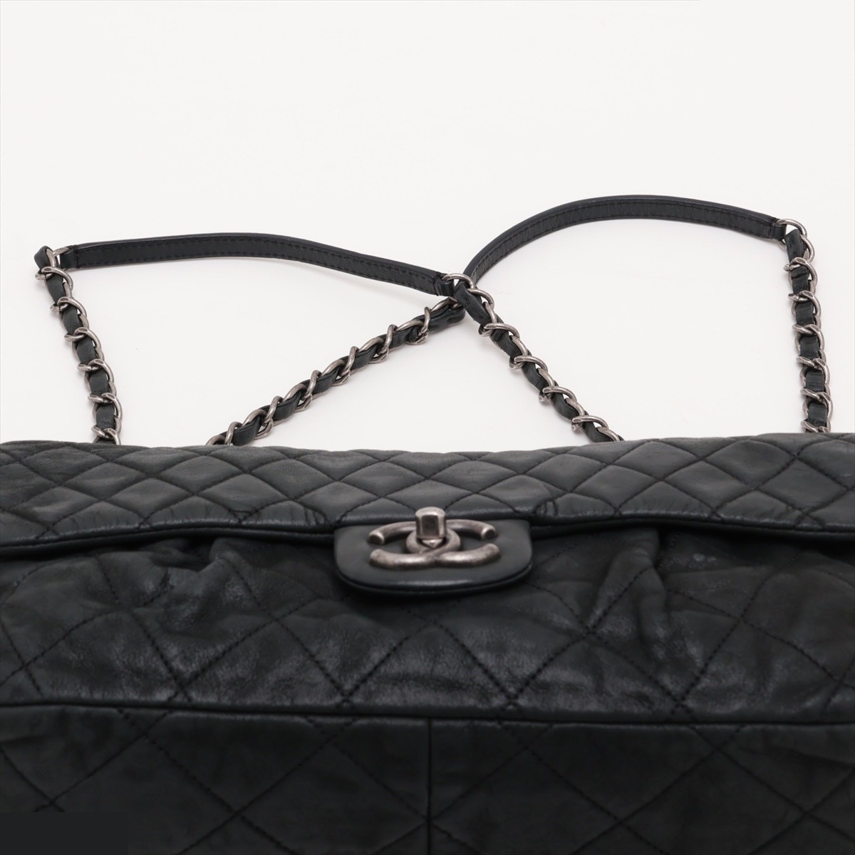 Matelassé Leather Single Flap Double Chain Bag, Black — view 6