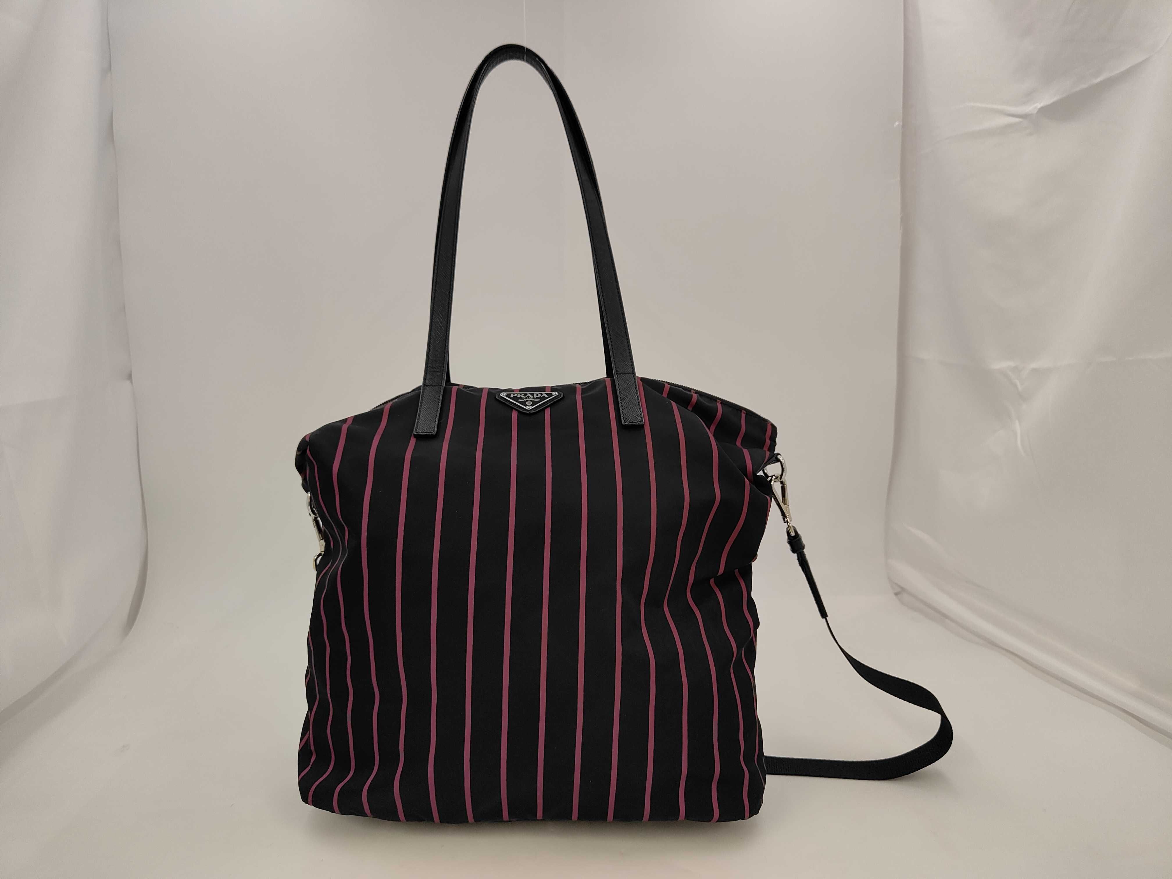 2-Way Tote Bag, Nylon x Saffiano Leather x Silver-Tone Hardware, Black x Purple Stripe Shoulder Bag