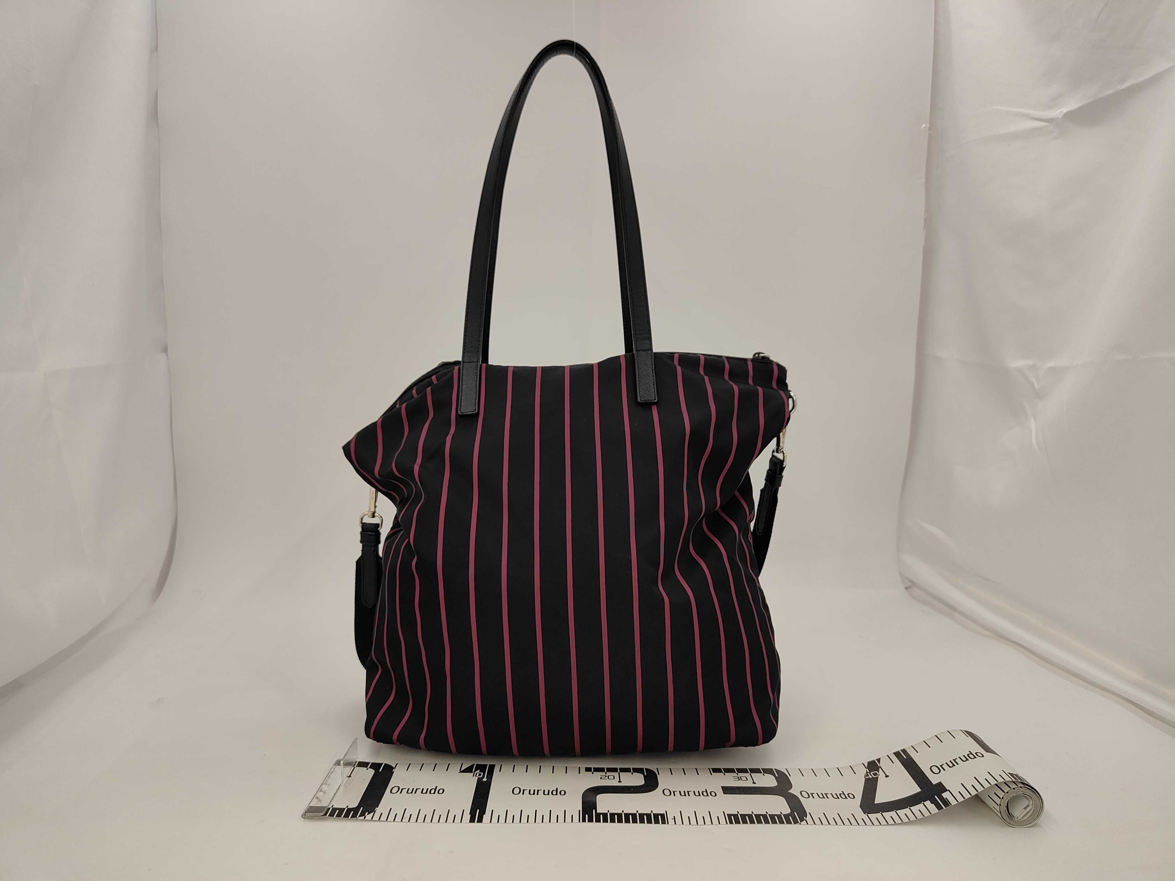 2-Way Tote Bag, Nylon x Saffiano Leather x Silver-Tone Hardware, Black x Purple Stripe Shoulder Bag — view 2