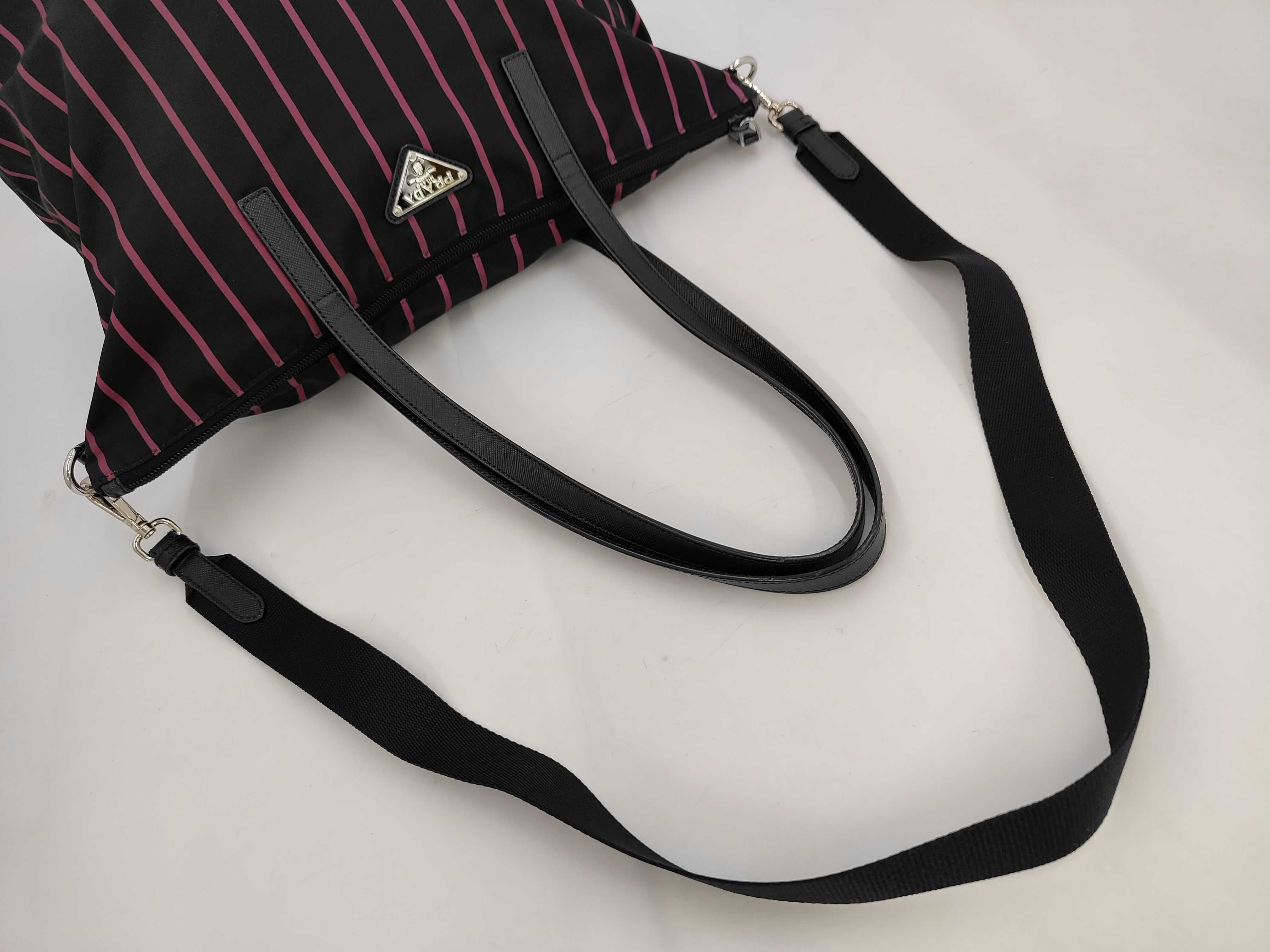 2-Way Tote Bag, Nylon x Saffiano Leather x Silver-Tone Hardware, Black x Purple Stripe Shoulder Bag — view 5