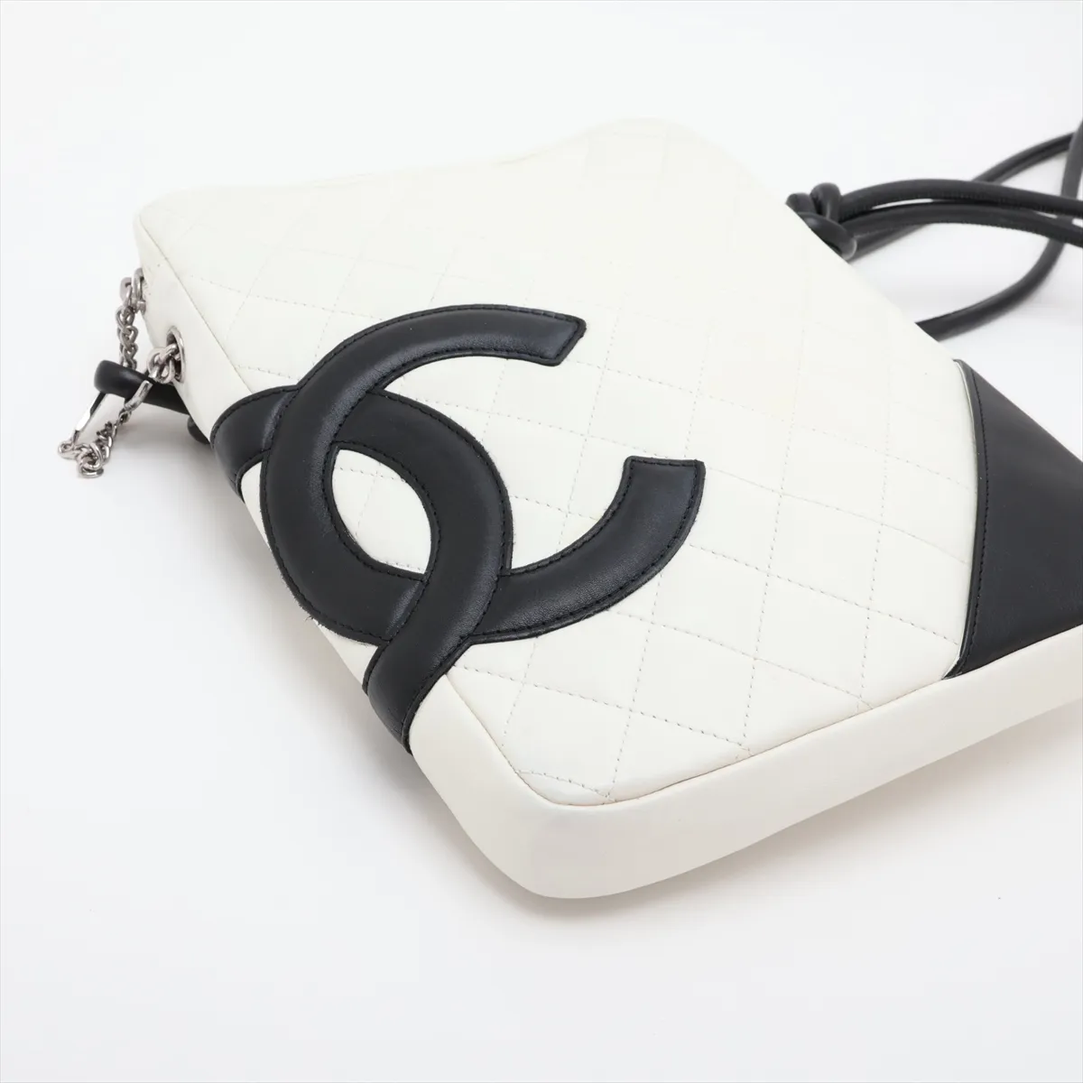 Cambon Line Leather Shoulder Bag, White x Black, Silver Hardware, 9799531, Series 9 — view 4