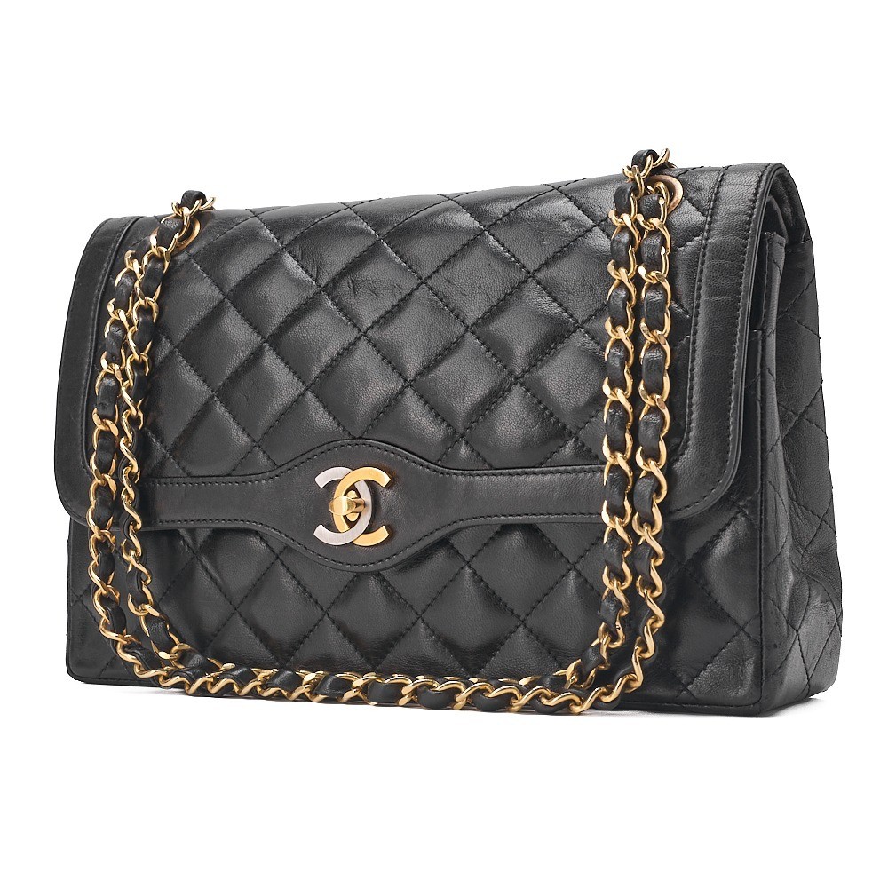 Lambskin Matelassé Paris Limited Edition Double Flap Chain Shoulder Bag, Black — view 3