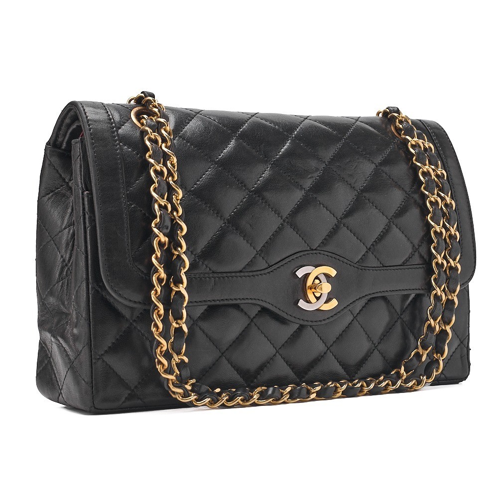 Lambskin Matelassé Paris Limited Edition Double Flap Chain Shoulder Bag, Black — view 4