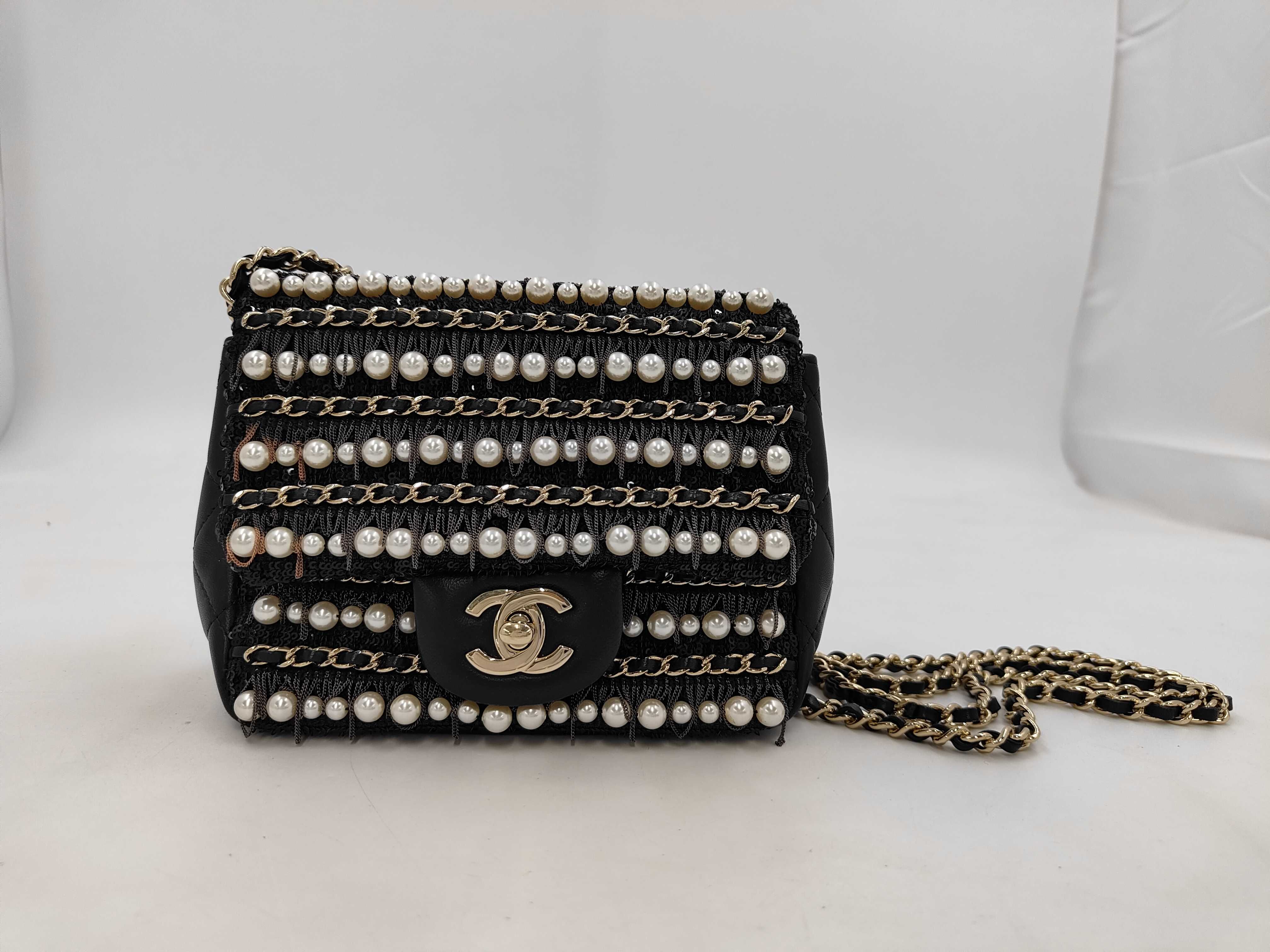 Mini Matelassé Lambskin Pearl Chain Flap Bag, Black, Serial Number 30s, Shoulder Bag