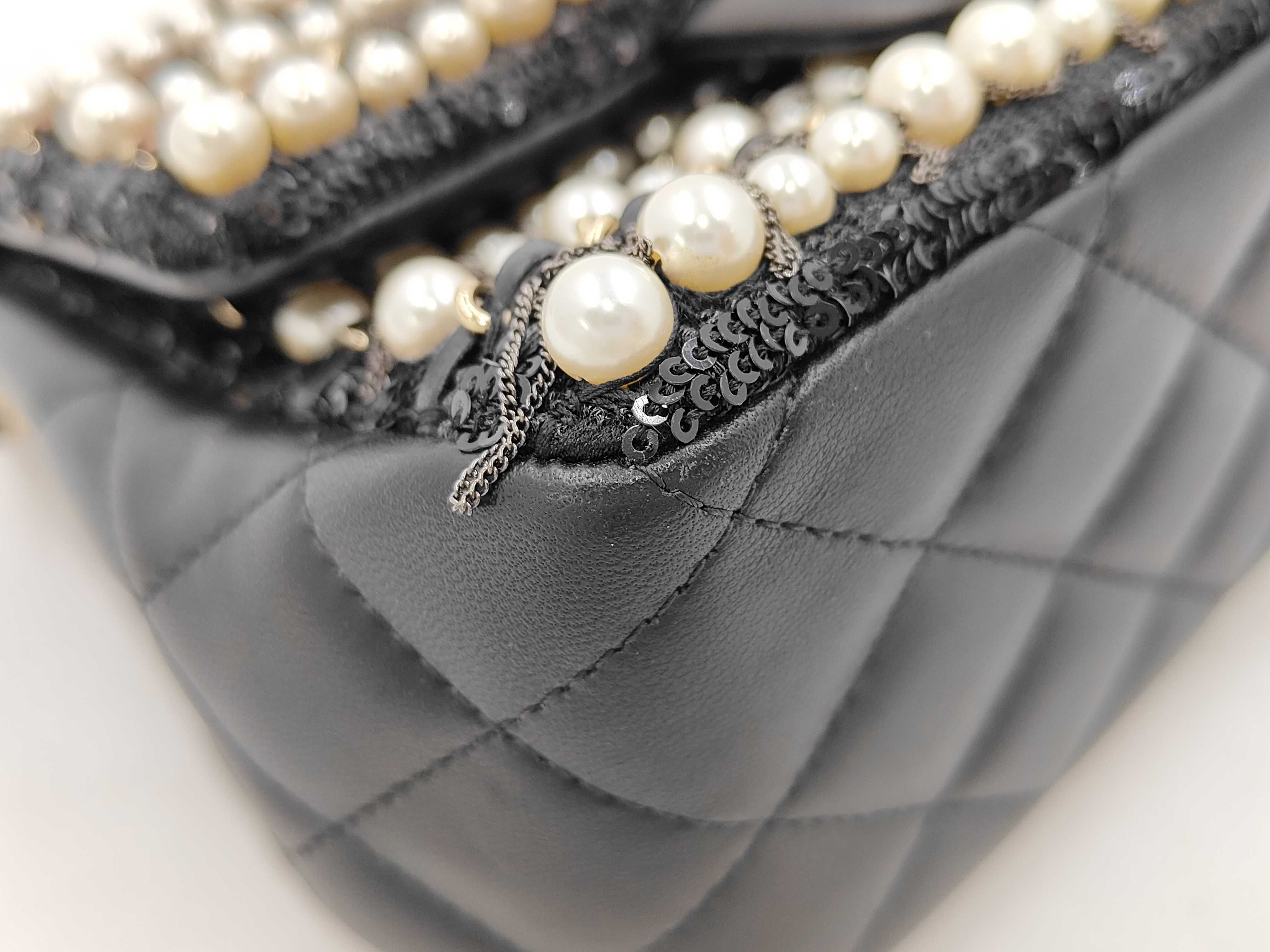 Mini Matelassé Lambskin Pearl Chain Flap Bag, Black, Serial Number 30s, Shoulder Bag — view 9