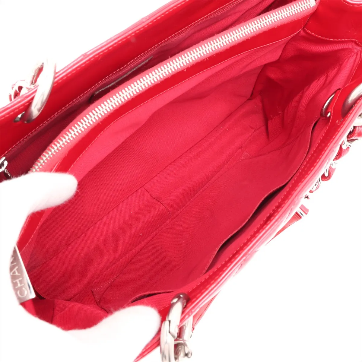 GST Patent Leather Chain Tote Bag, Red, Silver Hardware, 13192565, Serial Number 13-series, A50995 — view 8