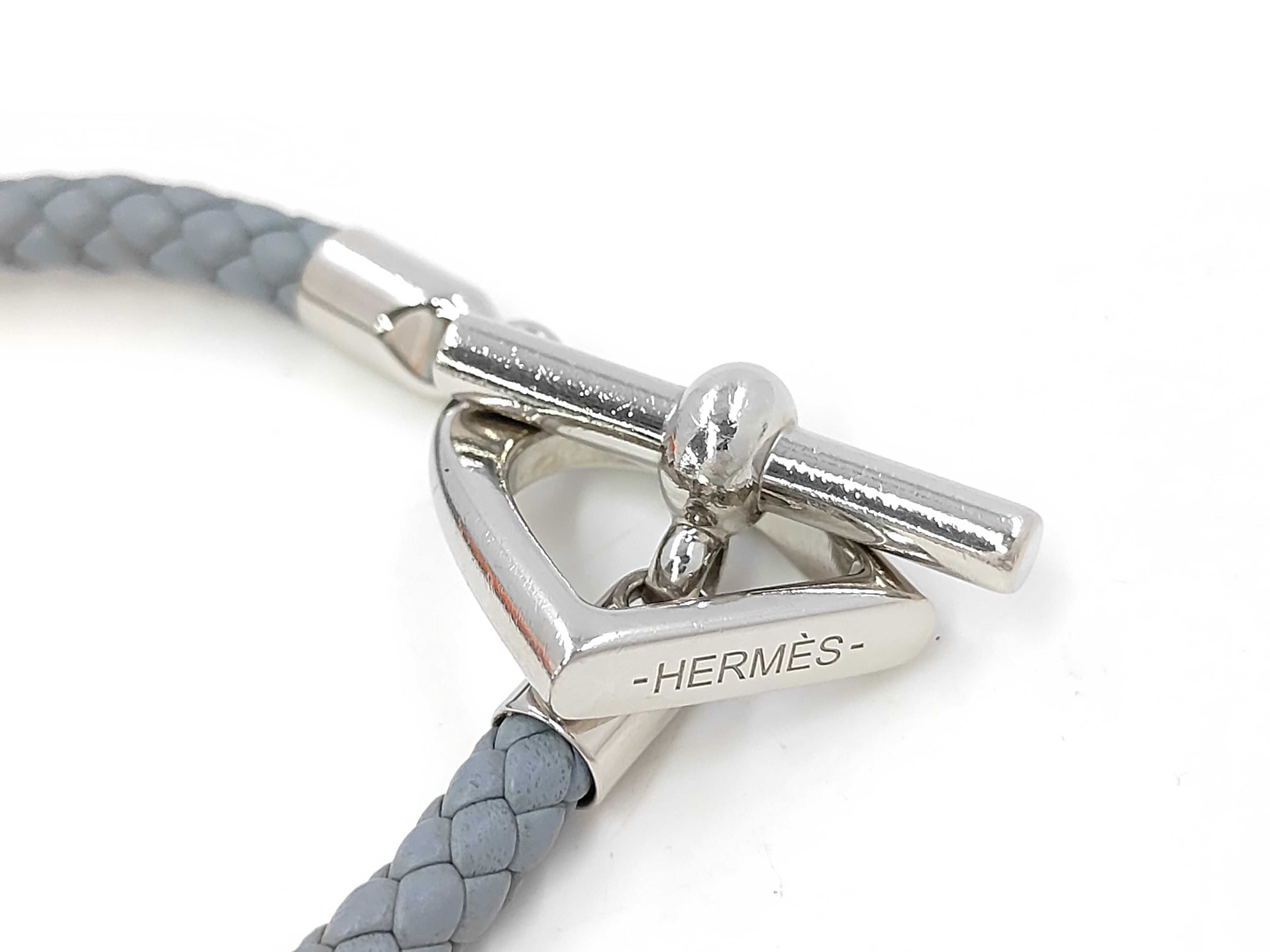 Etrier Bracelet, Silver, Blue-Gray, Veau Swift Leather, Bracelet/Bangle — view 3