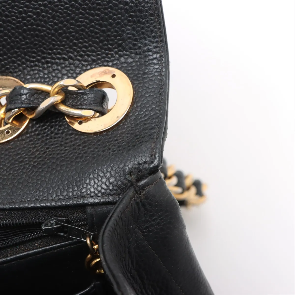 bias stitch caviar skin single flap double chain bag black gold hardware — view 12