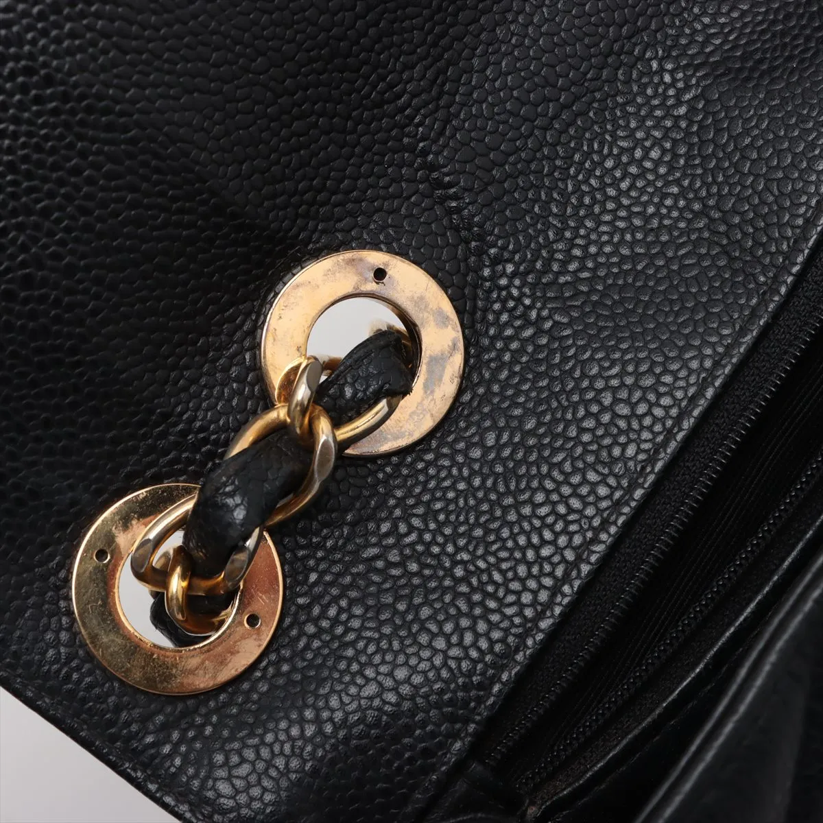 bias stitch caviar skin single flap double chain bag black gold hardware — view 13