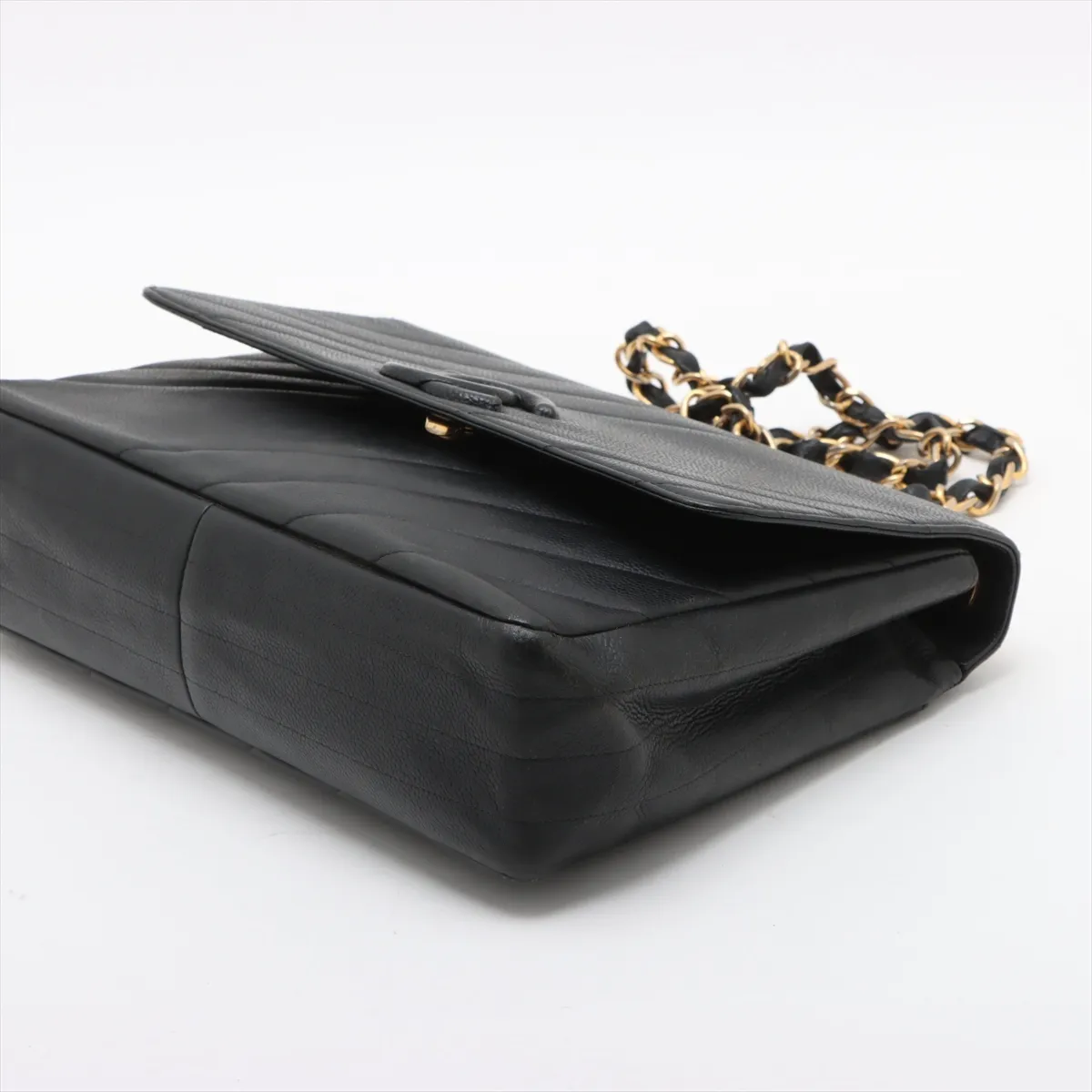 bias stitch caviar skin single flap double chain bag black gold hardware — view 3