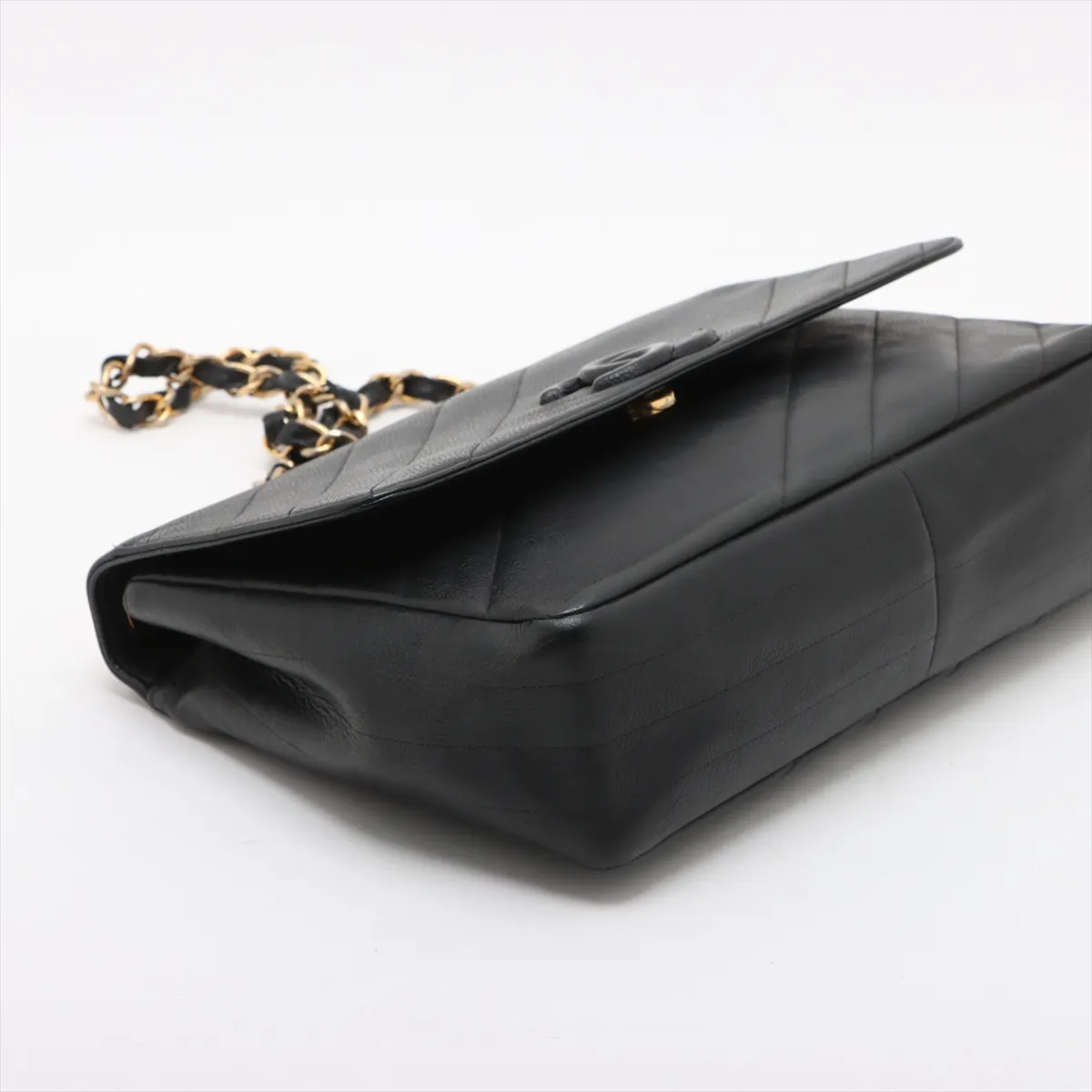 bias stitch caviar skin single flap double chain bag black gold hardware — view 4