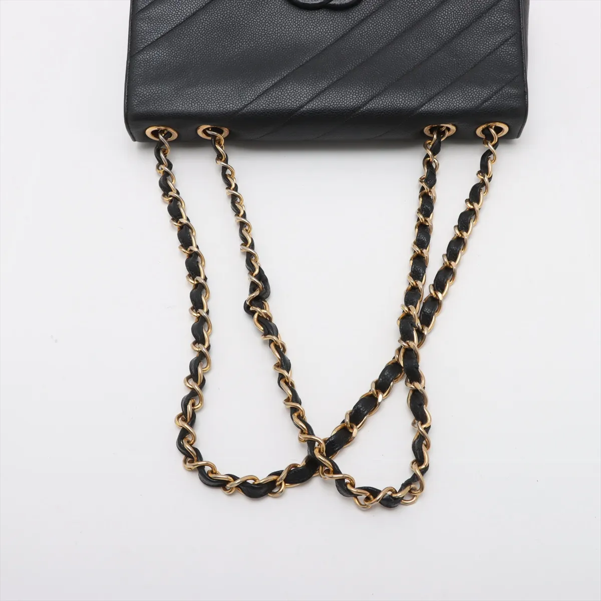 bias stitch caviar skin single flap double chain bag black gold hardware — view 5