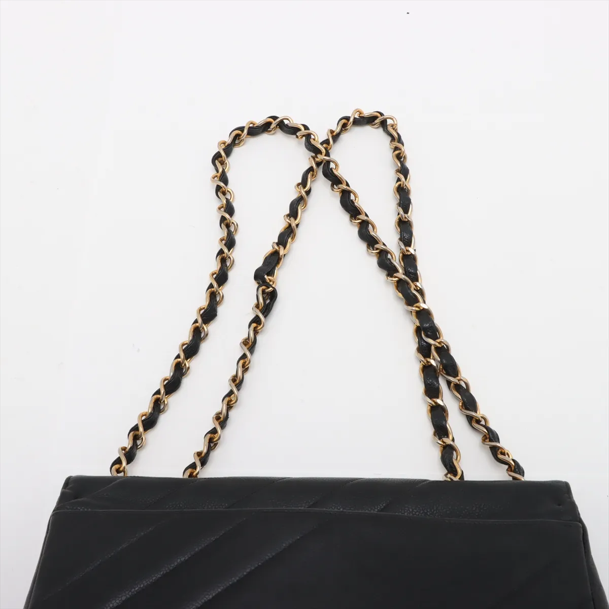 bias stitch caviar skin single flap double chain bag black gold hardware — view 6
