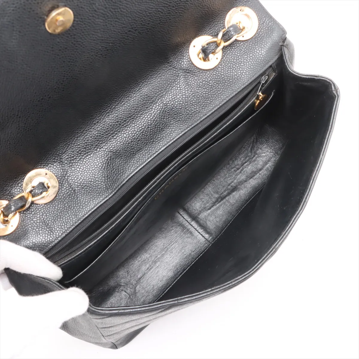 bias stitch caviar skin single flap double chain bag black gold hardware — view 7