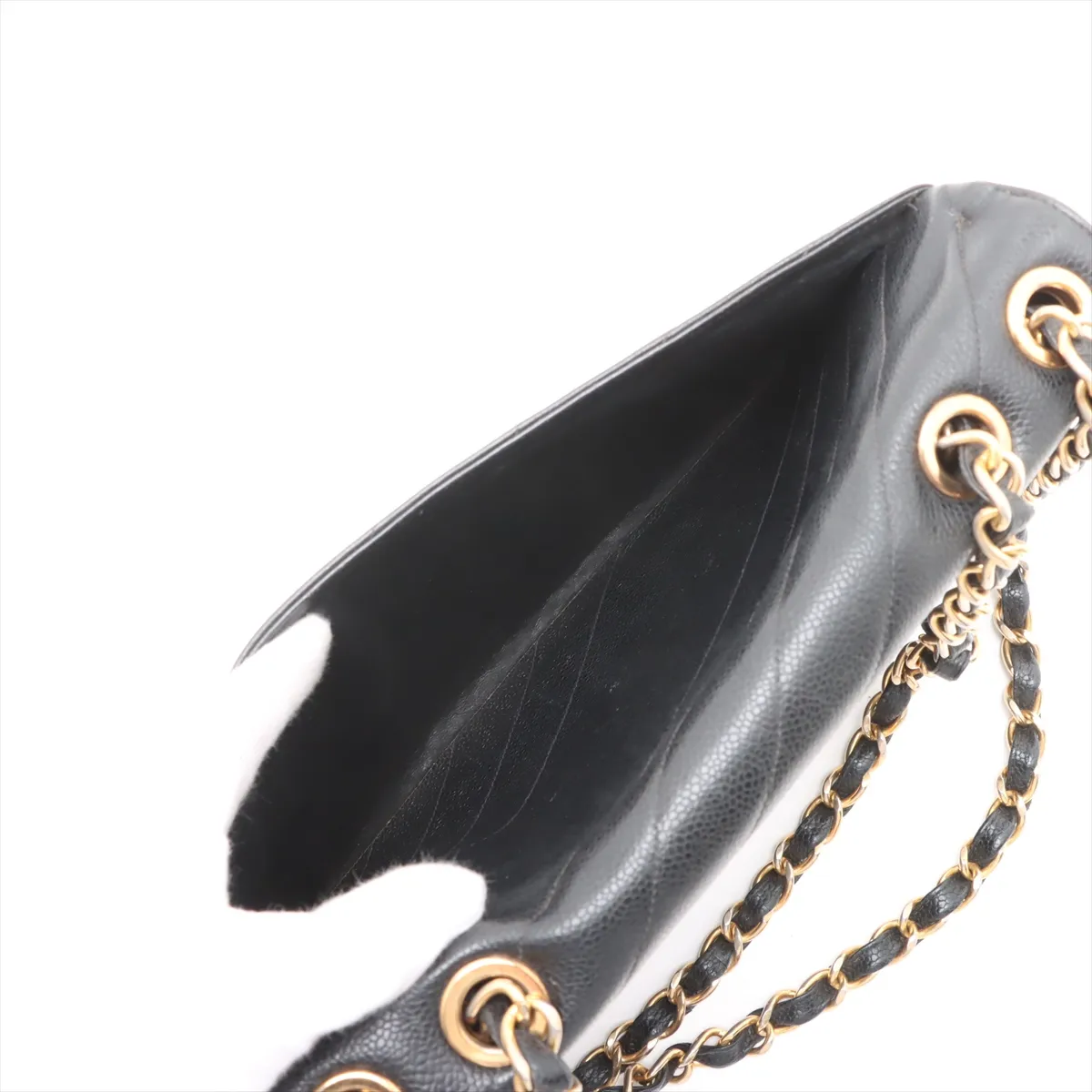 bias stitch caviar skin single flap double chain bag black gold hardware — view 8