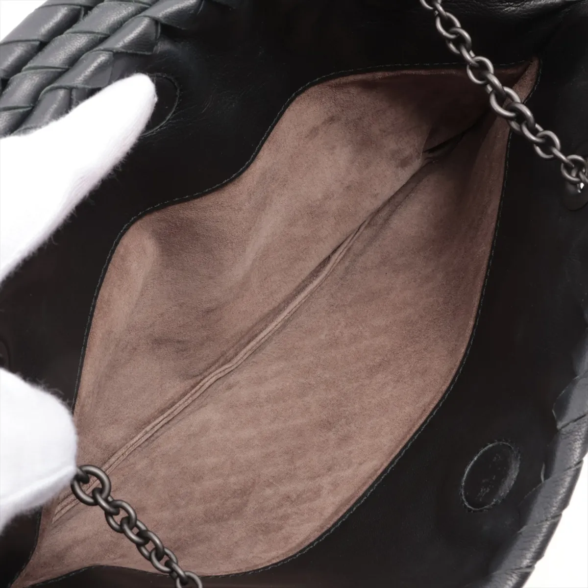 Intrecciato Leather Chain Shoulder Bag Black — view 8