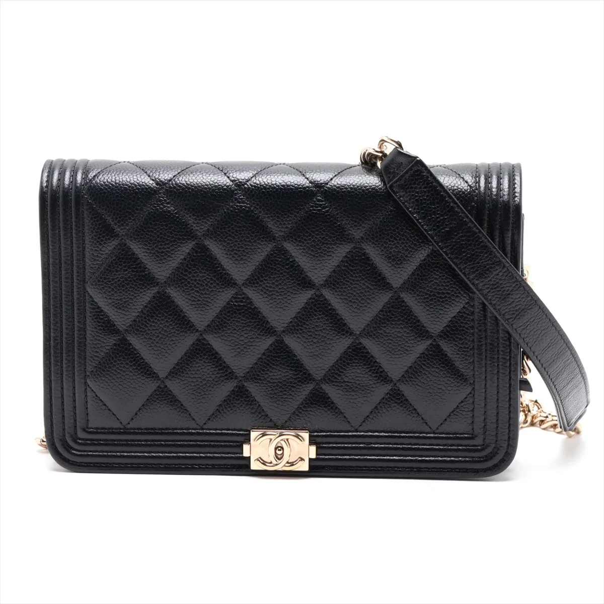 Boy Chanel Caviar Skin Chain Wallet, Black with Gold Hardware, EKK3LJ98, Random Plate