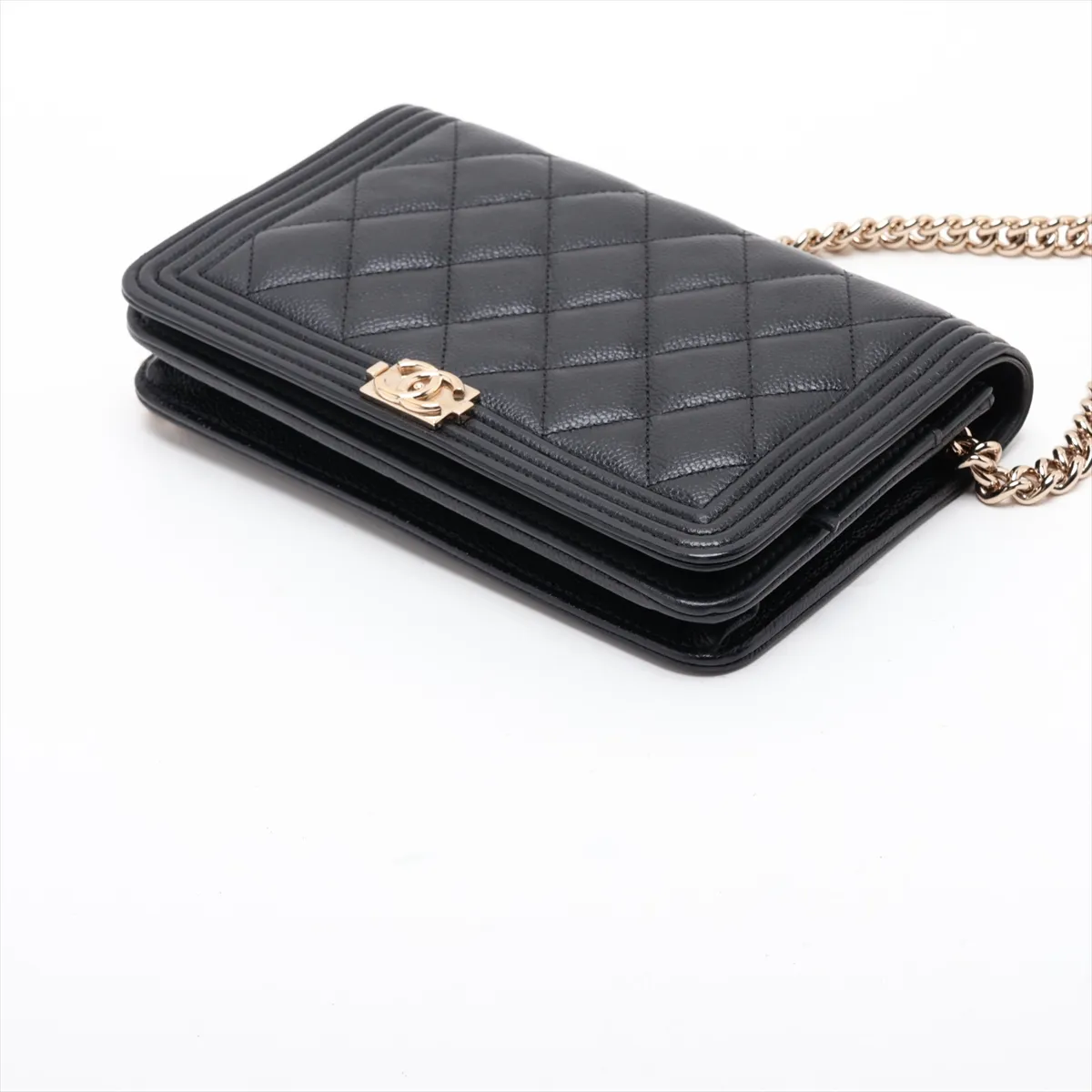 Boy Chanel Caviar Skin Chain Wallet, Black with Gold Hardware, EKK3LJ98, Random Plate — view 3
