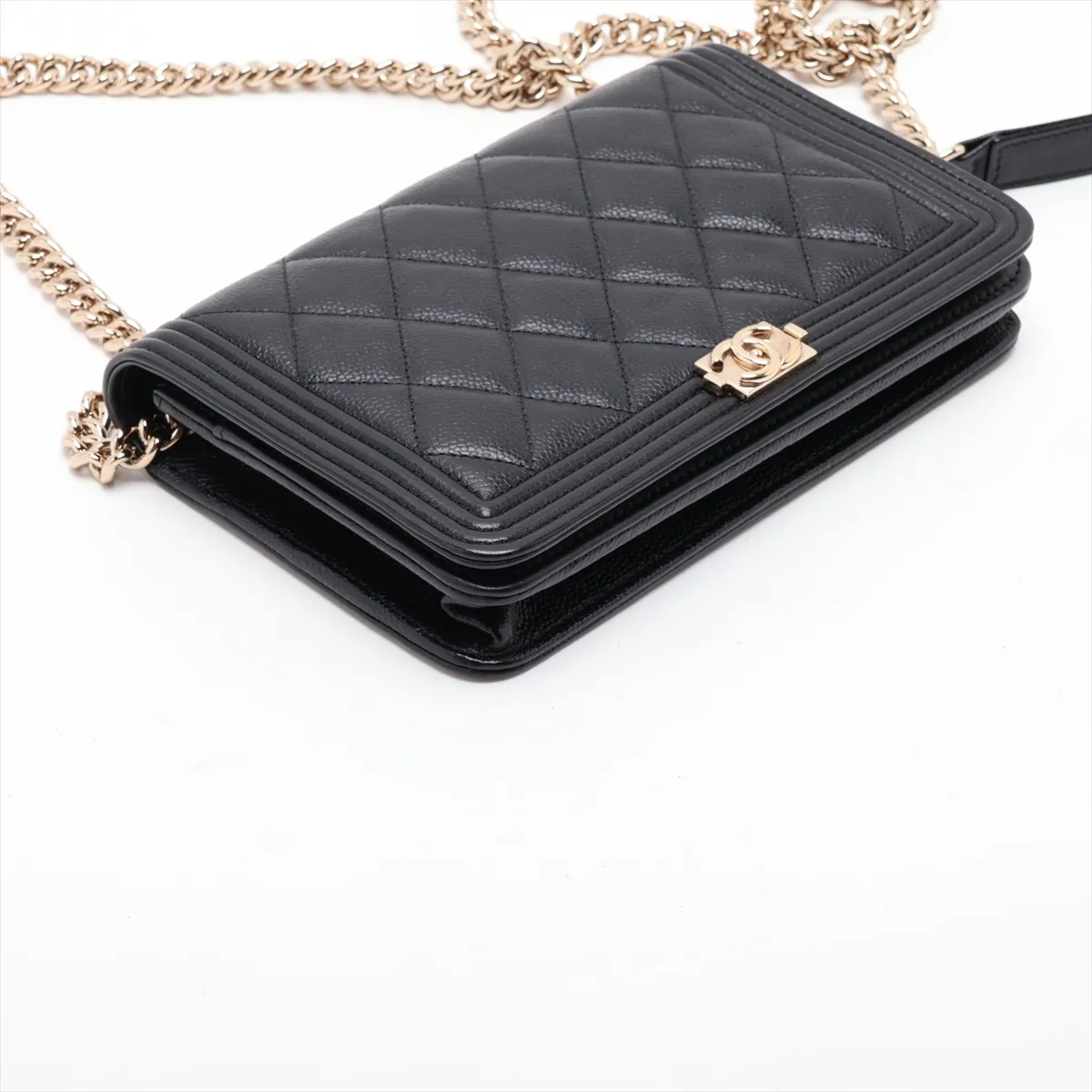 Boy Chanel Caviar Skin Chain Wallet, Black with Gold Hardware, EKK3LJ98, Random Plate — view 4
