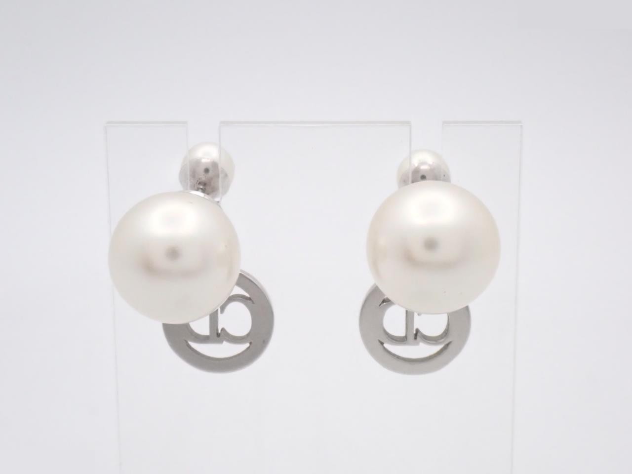 Faux pearl logo rhinestone earrings — view 2