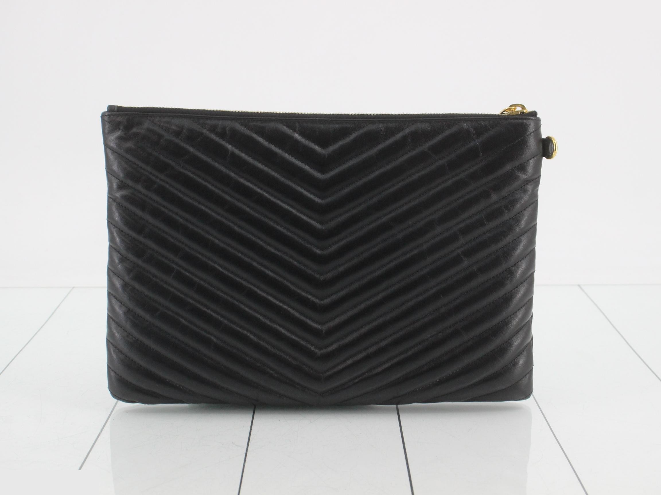 Leather V-Stitch Clutch Bag, Black — view 2