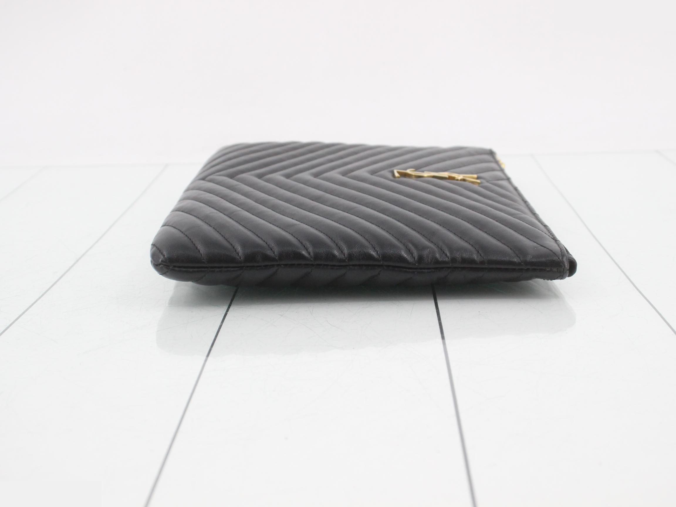 Leather V-Stitch Clutch Bag, Black — view 3