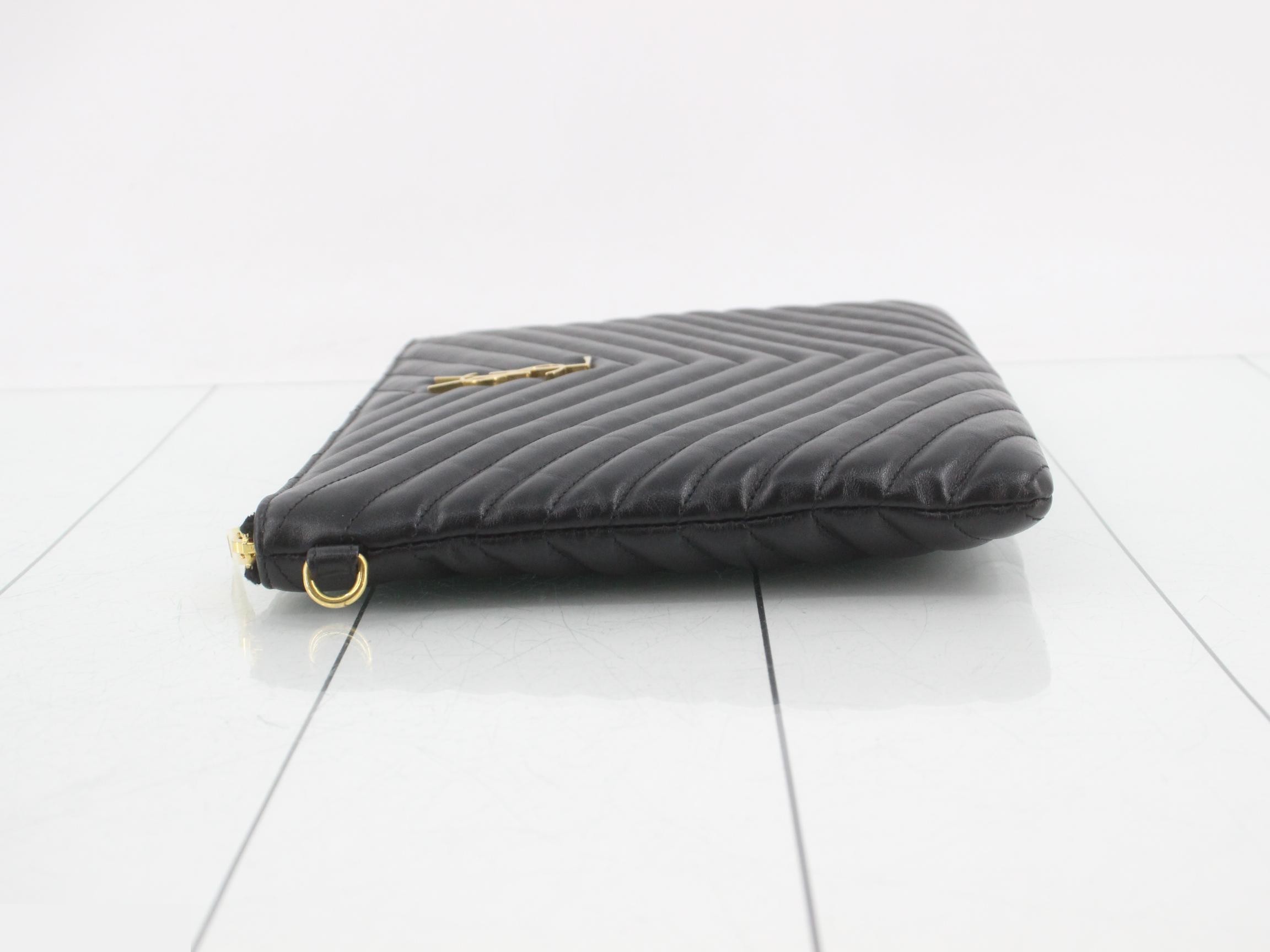 Leather V-Stitch Clutch Bag, Black — view 4