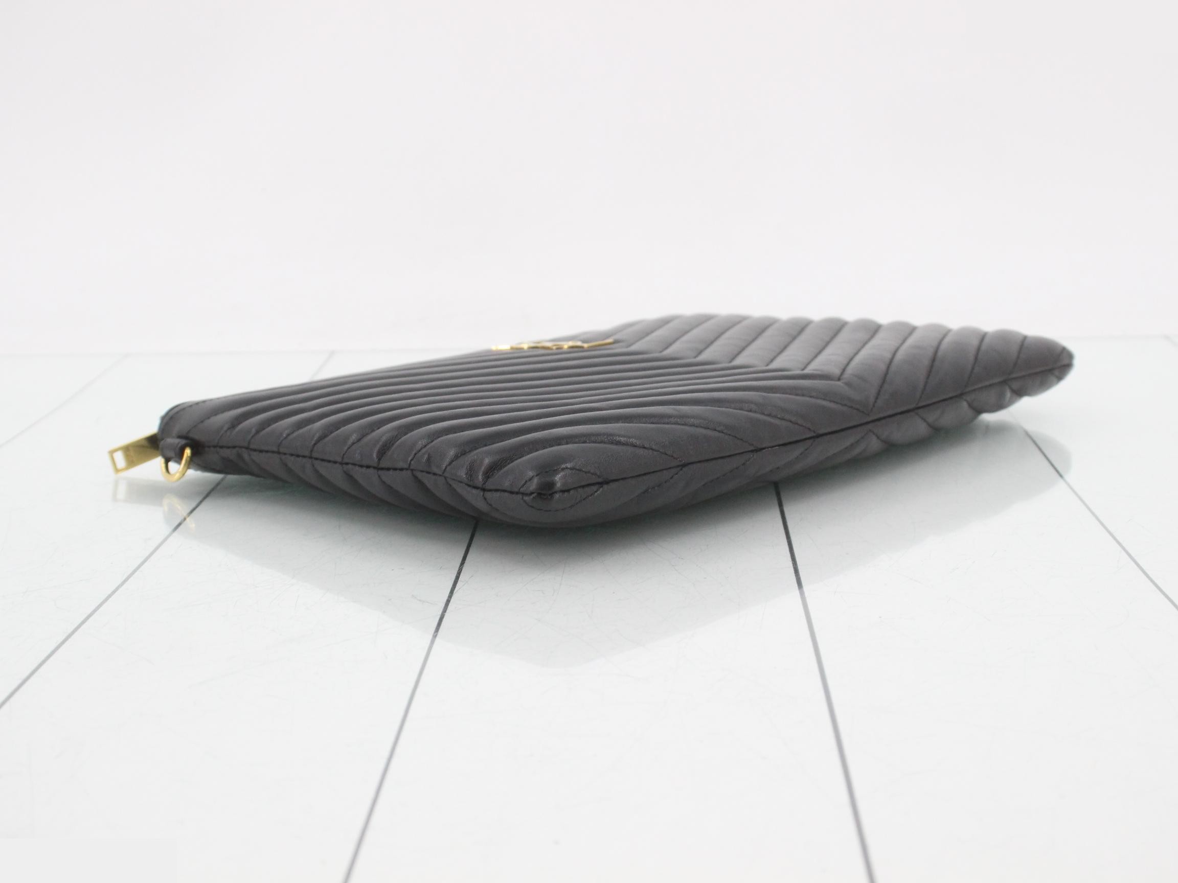 Leather V-Stitch Clutch Bag, Black — view 5